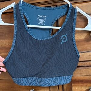 Peloton Black Sports Bra with Blue Trim and Subtle Pattern